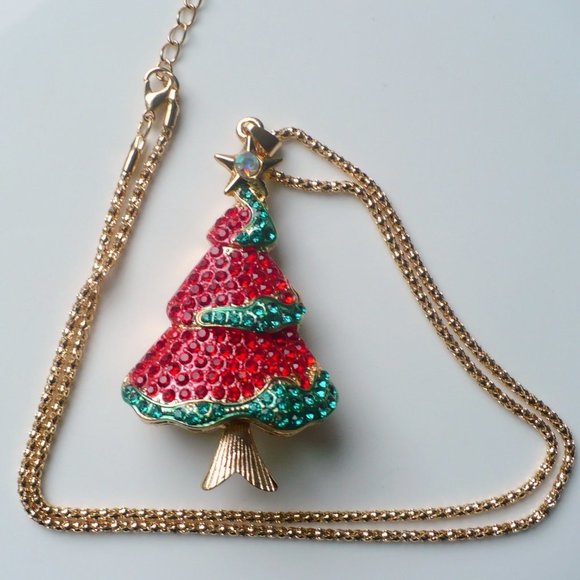 ❤️ NEW Christmas Necklace Red & Green Rhinestone Tree 24" Chain - Picture 1 of 5